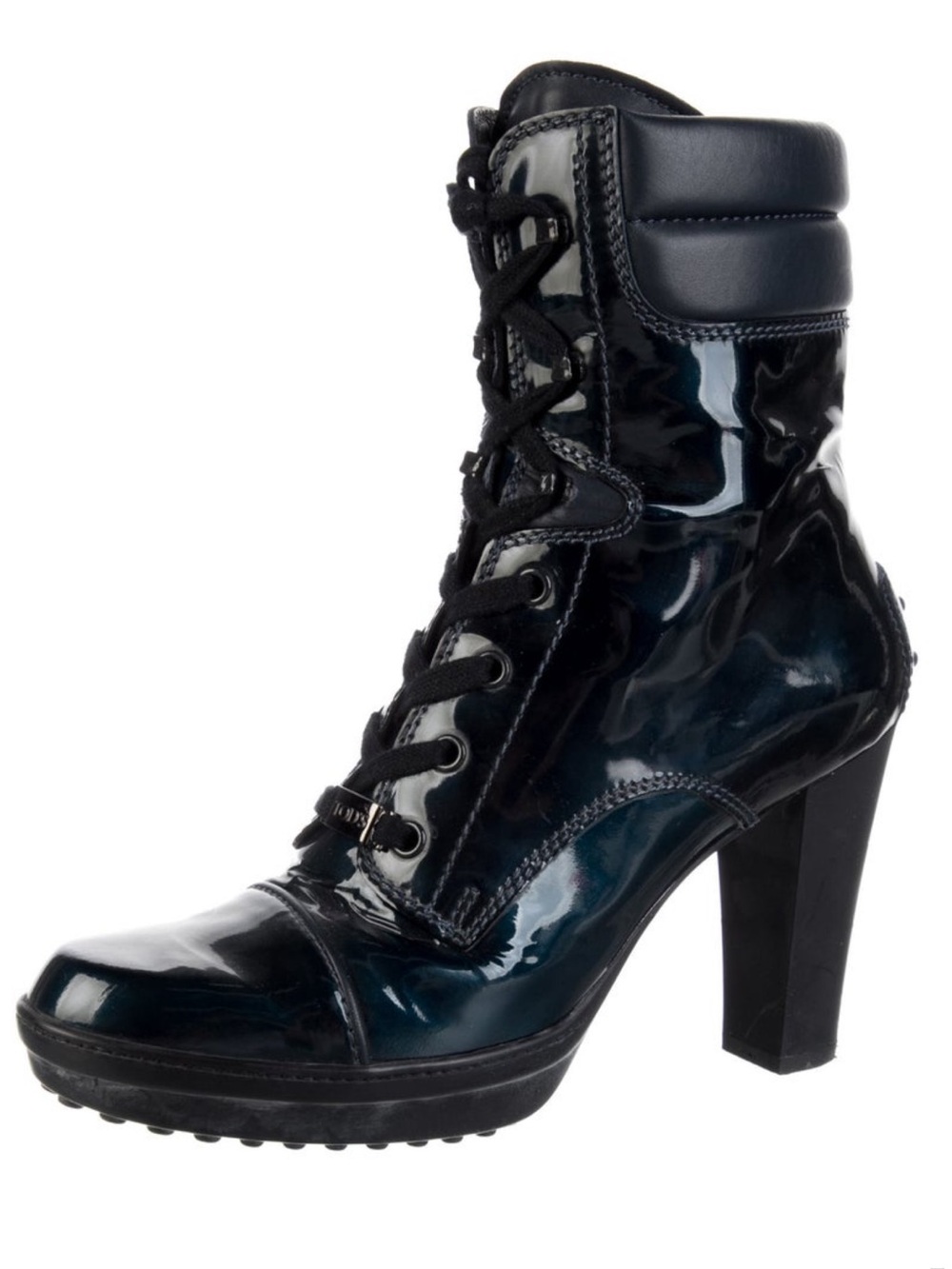 Tod’s Black Patent Leather Lace-Up Platform Ankle Boots Made in Italy EU 39